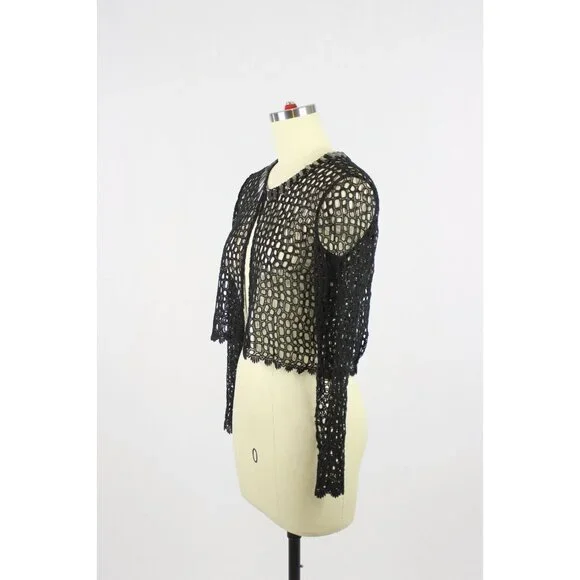 ELIE TAHARI Black Cotton Broderie Anglaise Beaded Lace Cardigan Sweater, Size 2 - Picture 5 of 15